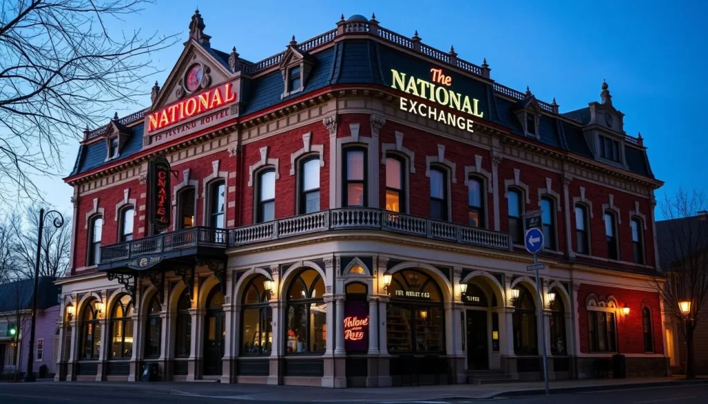 The historic National Exchange Hotel in downtown Nevada City with Victorian architecture and period details The historic National Exchange Hotel in downtown Nevada City with Victorian architecture and period details