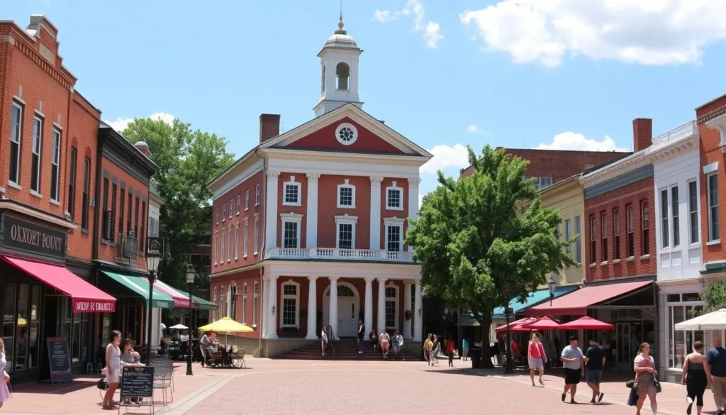 The historic Oxford Square with the Lafayette County Courthouse in the center surrounded by shops and restaurants on a beautiful day The historic Oxford Square with the Lafayette County Courthouse in the center surrounded by shops and restaurants on a beautiful day