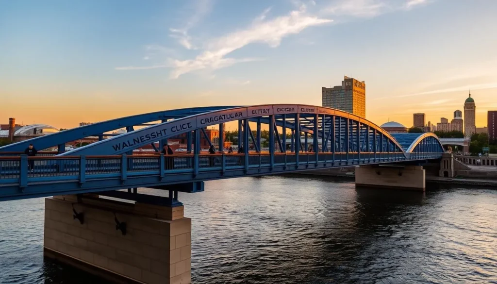The historic Walnut Street pedestrian bridge spanning the Tennessee River at sunset The historic Walnut Street pedestrian bridge spanning the Tennessee River at sunset