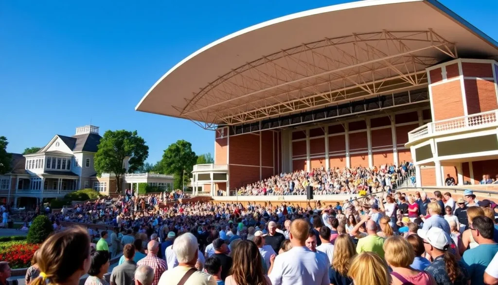 The iconic Chautauqua Institution amphitheater filled with visitors during a summer performance The iconic Chautauqua Institution amphitheater filled with visitors during a summer performance