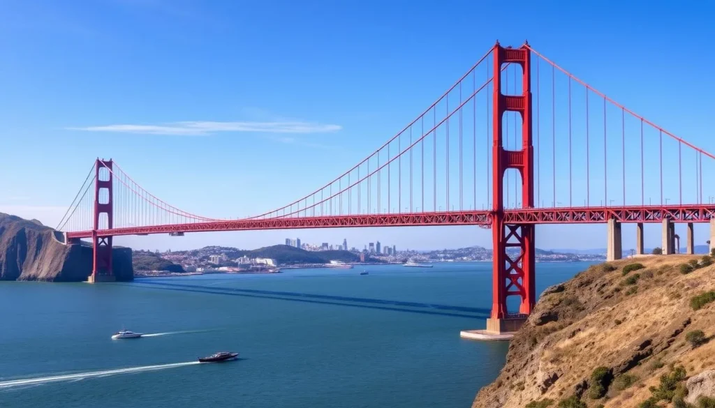 The iconic Golden Gate Bridge in San Francisco County on a clear day with boats passing underneath The iconic Golden Gate Bridge in San Francisco County on a clear day with boats passing underneath