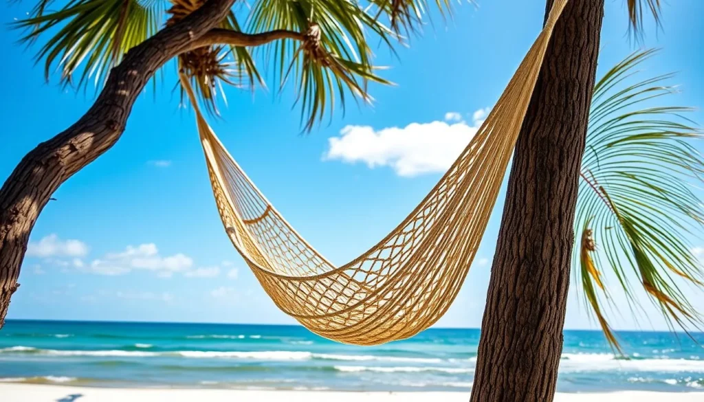 The iconic Pawleys Island rope hammock with ocean view in the background