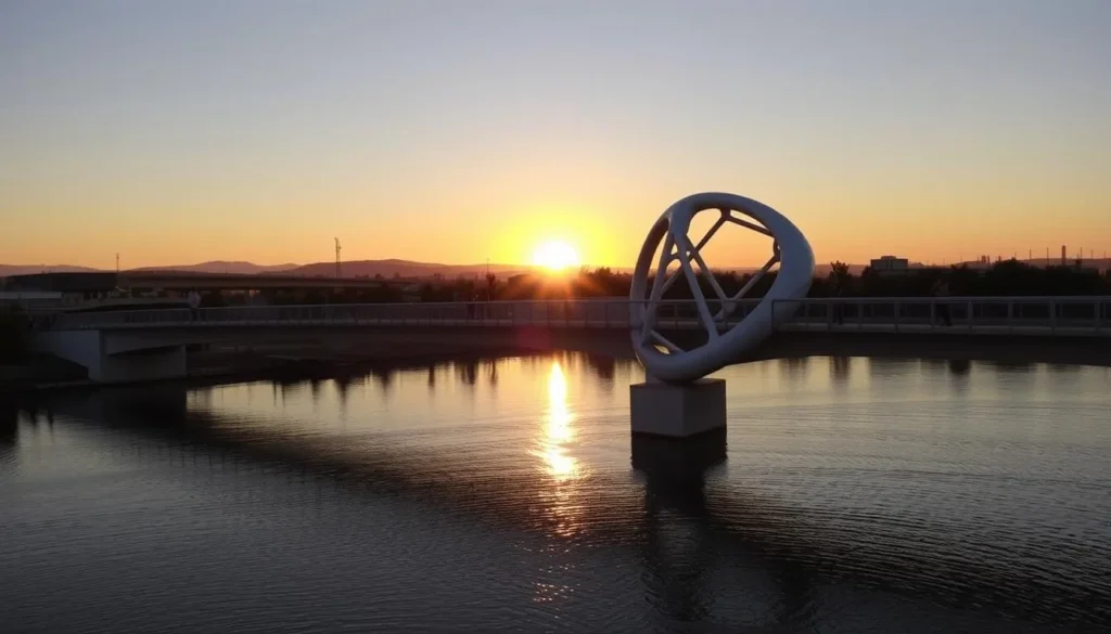 The iconic Sundial Bridge in Redding California at sunset with its glass deck and white support structure The iconic Sundial Bridge in Redding California at sunset with its glass deck and white support structure