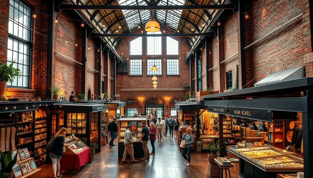The interior of Mill No. 5 showing the vibrant marketplace with shops and visitors The interior of Mill No. 5 showing the vibrant marketplace with shops and visitors
