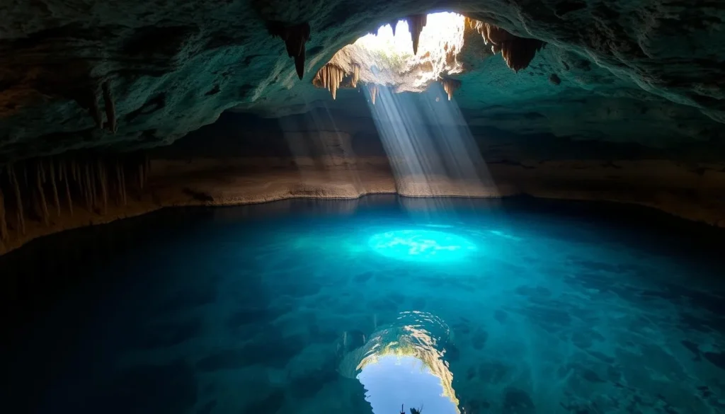 The prehistoric underground spring at Devil's Den with sunlight streaming through the natural skylight The prehistoric underground spring at Devil's Den with sunlight streaming through the natural skylight