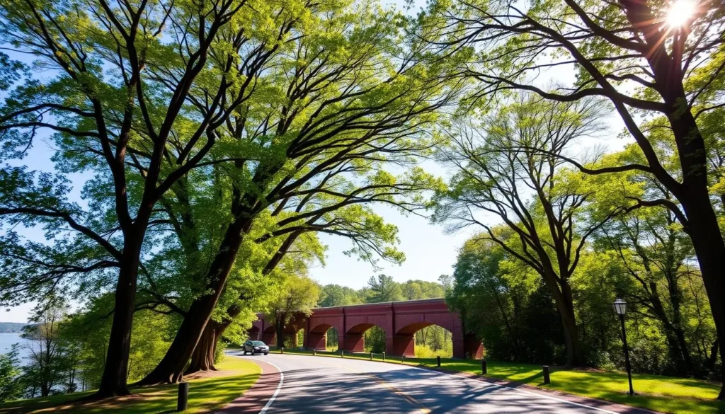 The scenic Colonial Parkway connecting Yorktown to Williamsburg and Jamestown on a sunny day The scenic Colonial Parkway connecting Yorktown to Williamsburg and Jamestown on a sunny day
