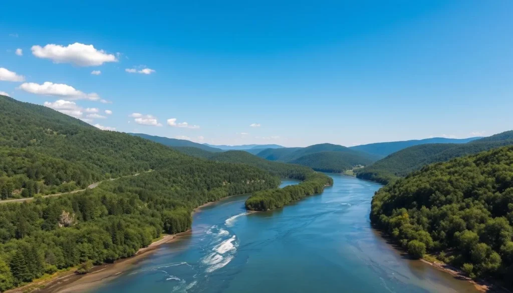 The scenic Delaware River flowing through Sullivan County New York with forested banks