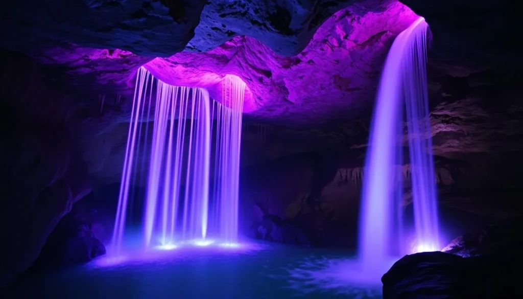 The spectacular 145-foot Ruby Falls underground waterfall illuminated with colorful lights The spectacular 145-foot Ruby Falls underground waterfall illuminated with colorful lights