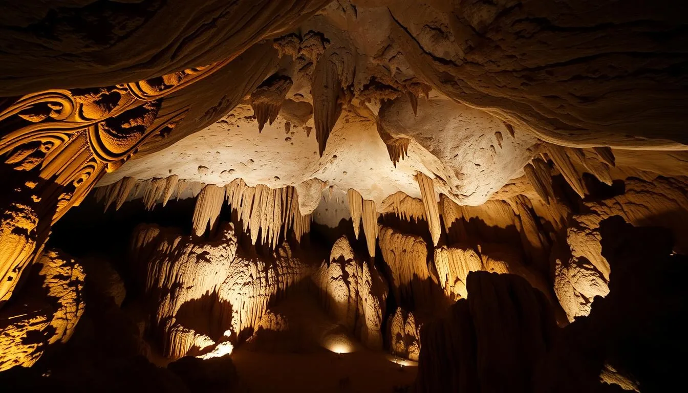 The stunning formations inside Carlsbad Caverns National Park's Big Room with dramatic lighting highlighting stalactites and stalagmites