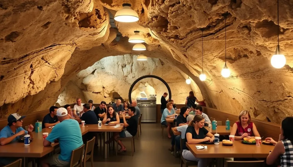 The unique Underground Lunchroom inside Carlsbad Caverns with visitors enjoying refreshments The unique Underground Lunchroom inside Carlsbad Caverns with visitors enjoying refreshments