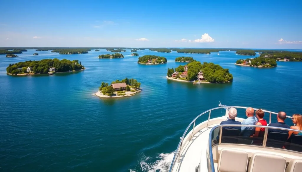 Thousand Islands boat tour in Jefferson County showing multiple islands and waterways Thousand Islands boat tour in Jefferson County showing multiple islands and waterways