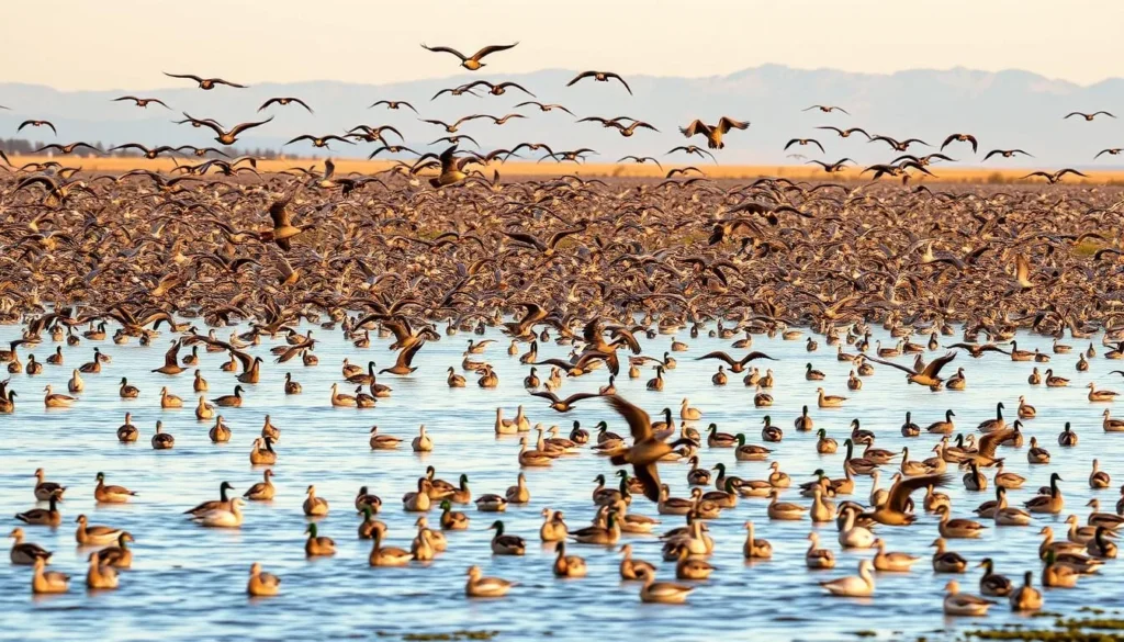 Thousands of migratory birds at Colusa National Wildlife Refuge in winter Thousands of migratory birds at Colusa National Wildlife Refuge in winter