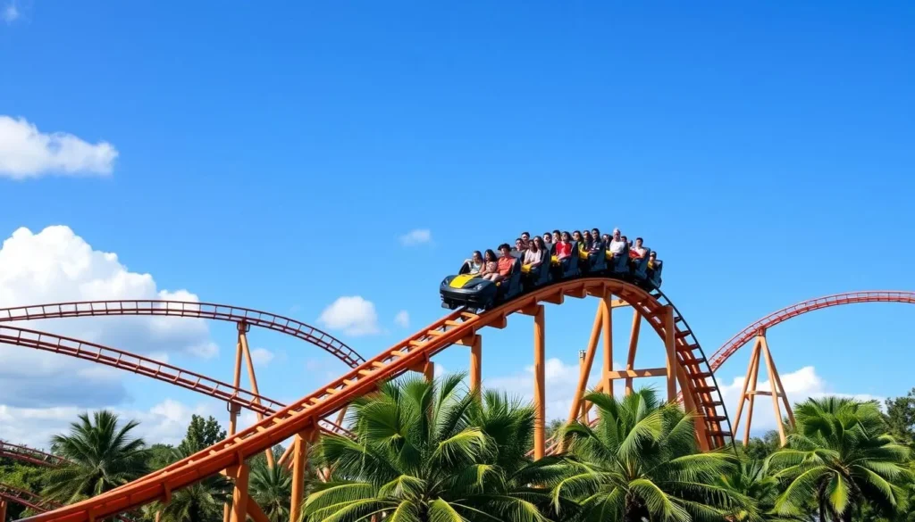 Thrilling roller coaster at Busch Gardens Tampa Bay with excited riders against blue sky Thrilling roller coaster at Busch Gardens Tampa Bay with excited riders against blue sky