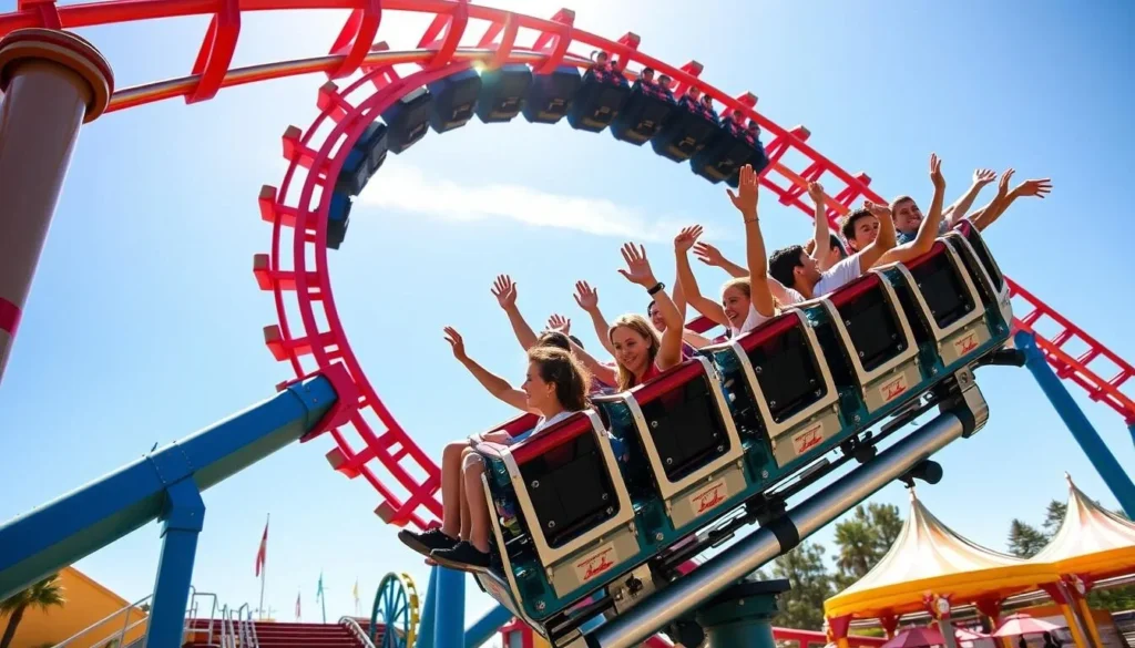 Thrilling roller coaster at California's Great America theme park in Santa Clara County with excited riders Thrilling roller coaster at California's Great America theme park in Santa Clara County with excited riders