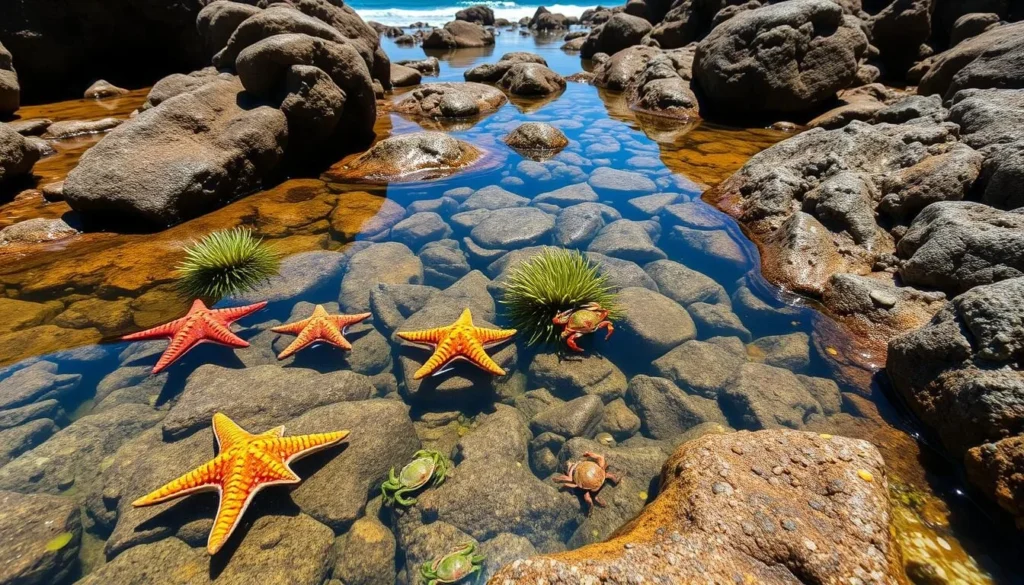 Tide pools at Fitzgerald Marine Reserve in San Mateo County showing colorful marine life Tide pools at Fitzgerald Marine Reserve in San Mateo County showing colorful marine life