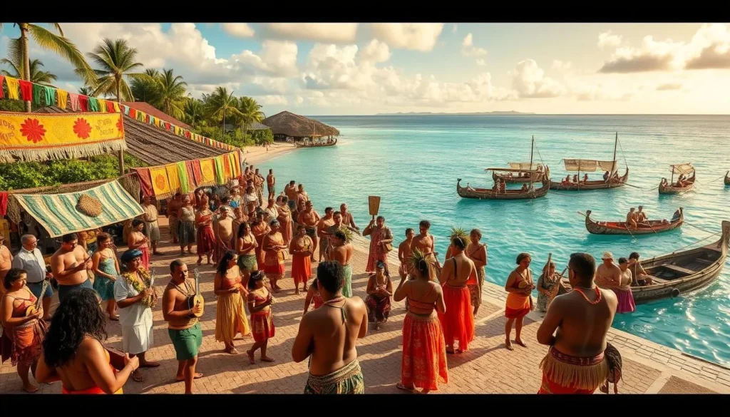Tokelau Festival: A vibrant celebration of Polynesian culture. A bustling village square, adorned with vibrant banners and intricate weavings. Locals in traditional dress, performing energetic dances to the rhythmic beats of drums and ukuleles. Ornate canoes float along the turquoise lagoon, their hulls decorated with intricate carvings. The warm sun casts a golden glow, illuminating the lively festivities. An atmosphere of joy, community, and deep-rooted traditions permeates the scene. Capture the essence of Tokelau's cultural heritage in a stunning, immersive image.