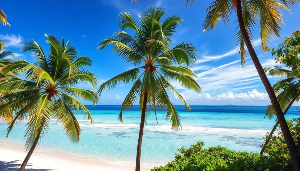 Tokelau, a remote South Pacific paradise, bathed in warm sunlight and gentle ocean breezes. Capture the tranquil seascape, with gently lapping waves caressing the pristine white sand beaches. In the foreground, swaying palm trees cast dappled shadows, creating a serene ambiance. The middle ground reveals lush, verdant vegetation, a vibrant tapestry of tropical flora. Venture into the background, where the brilliant azure sky stretches endlessly, dotted with wispy, diaphanous clouds. Convey the harmonious balance of land, sea, and sky that defines Tokelau's captivating weather patterns, inviting the viewer to experience the idyllic charm of this weather-savvy destination.