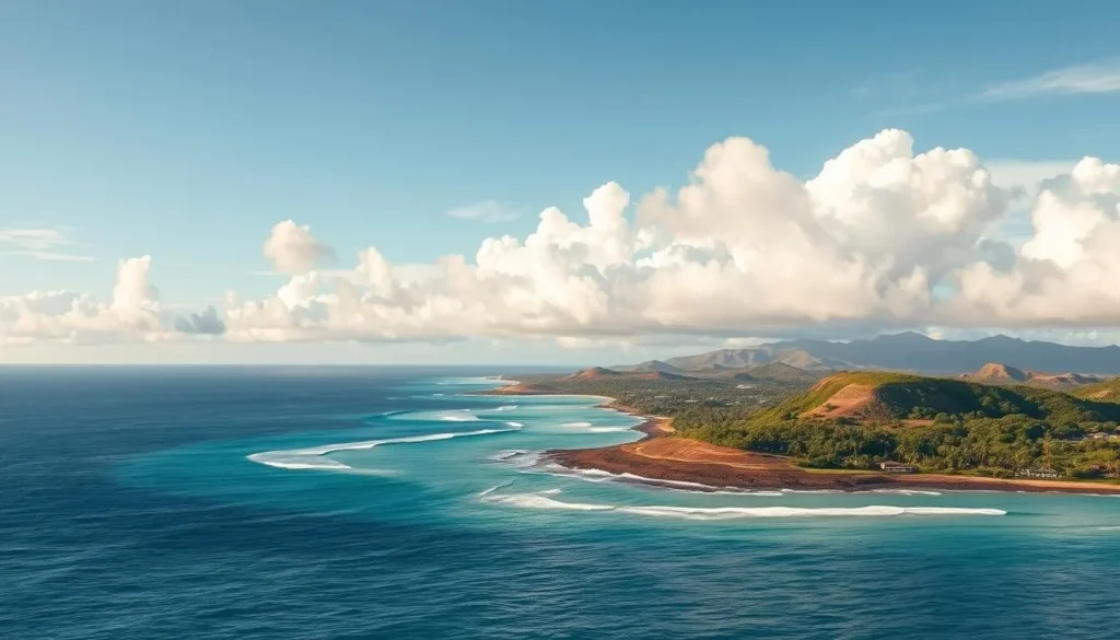 Tonga wind conditions on a balmy day, with lush tropical foliage and billowing trade winds sweeping across the island landscape. Capture the scene from a high vantage point, showcasing the interplay of air currents as they dance across the ocean's surface, creating gentle ripples and whimsical patterns. Utilize warm, golden hues to evoke a sense of tranquility, while dynamic cloud formations cast dynamic shadows upon the land below. Employ a wide-angle lens to encompass the breadth of the vista, and consider a shallow depth of field to draw the viewer's eye to the primary subject - the captivating wind activity that defines Tonga's climate.