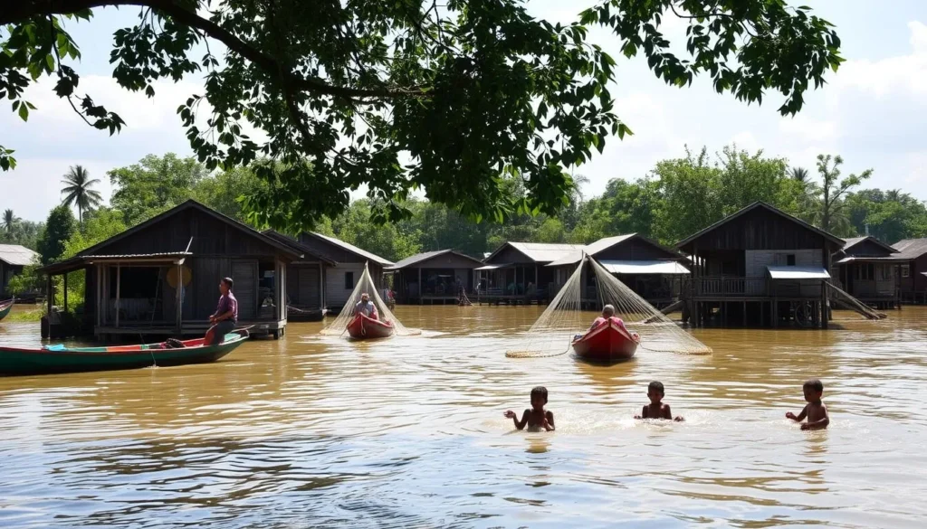 Tonle Sap floating villages, Cambodia. Wooden stilt houses bobbing gently on the calm waters, surrounded by lush greenery. Colorful boats dotting the surface, ferrying locals and tourists alike. Dappled sunlight filters through the canopy, casting a warm, serene glow. Fishermen cast their nets, rhythmic movements honed by generations. Children play in the shallows, splashing and laughing. The air is filled with the scent of freshly cooked meals and the chatter of the community. A peaceful, timeless scene, showcasing the unique way of life on Southeast Asia's largest freshwater lake.