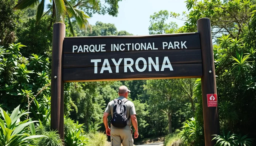 Tourist at Tayrona National Park entrance sign with backpack ready for adventure Tourist at Tayrona National Park entrance sign with backpack ready for adventure