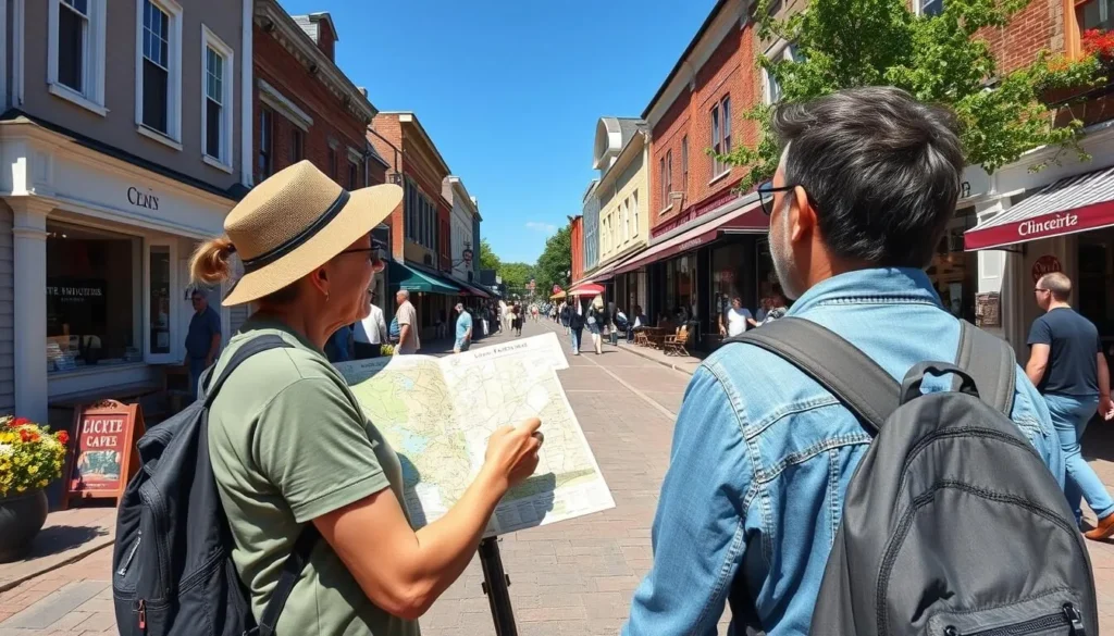 Tourist checking a map while exploring a charming town in Ulster County Tourist checking a map while exploring a charming town in Ulster County