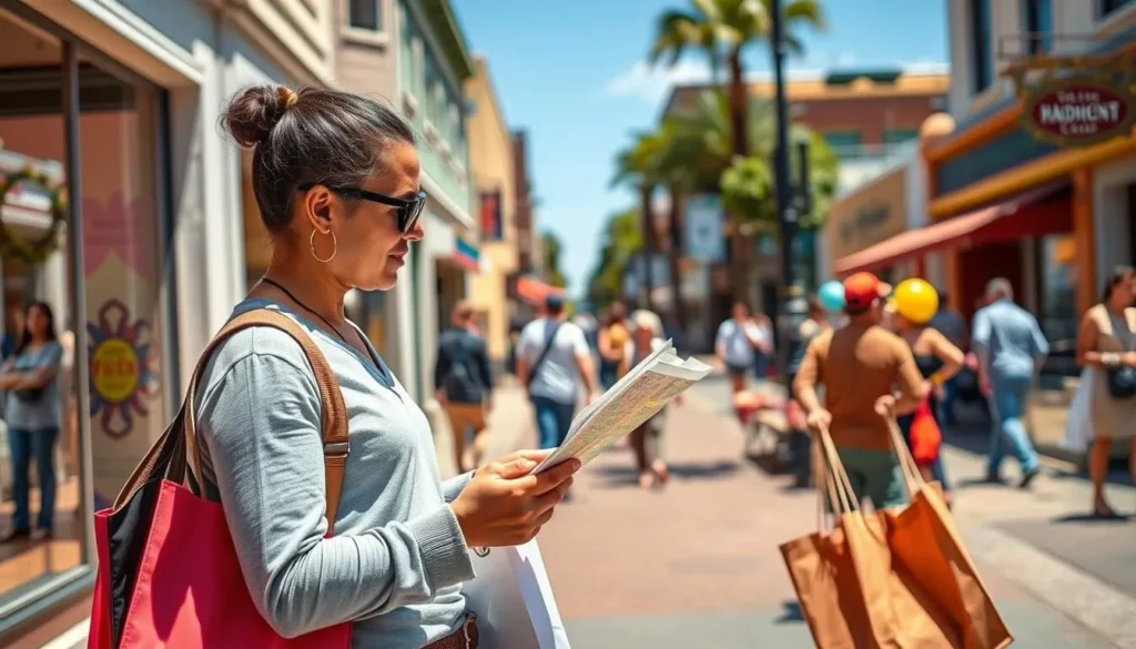 Tourist checking a map while exploring downtown Santa Cruz with shopping bags Tourist checking a map while exploring downtown Santa Cruz with shopping bags