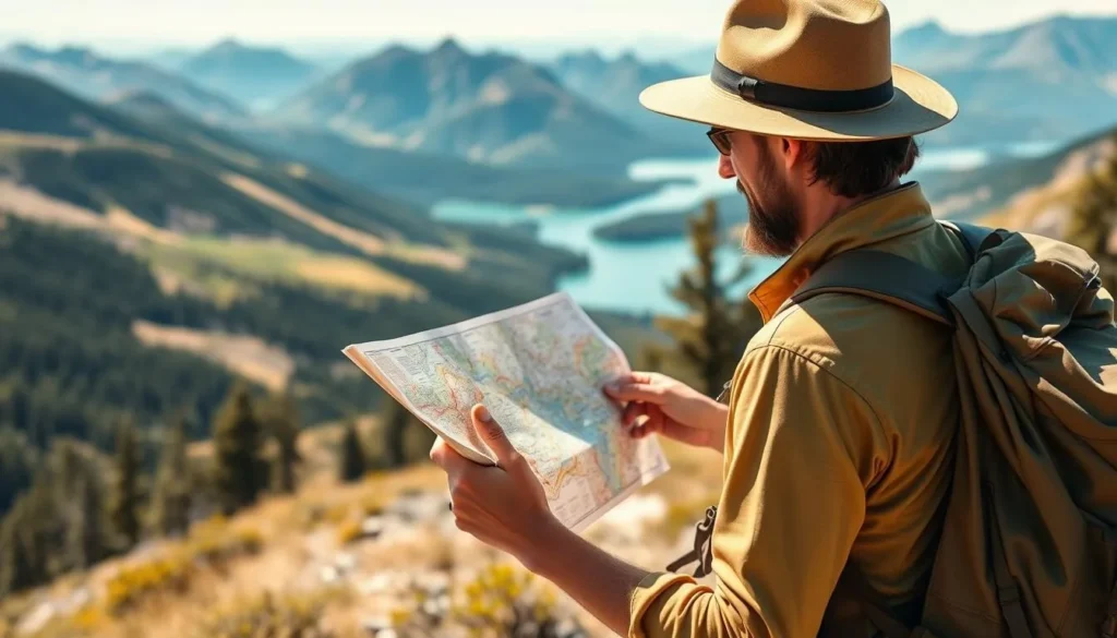 Tourist checking a map while hiking on a trail in Neuquen with mountains in background