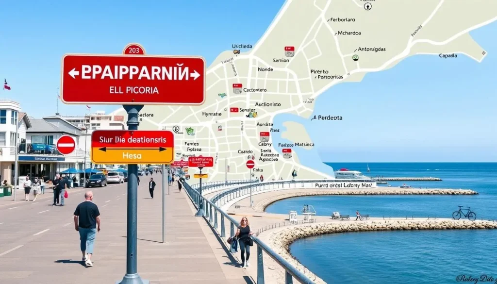 Tourist map of Puerto Madryn showing main attractions and the waterfront promenade Tourist map of Puerto Madryn showing main attractions and the waterfront promenade