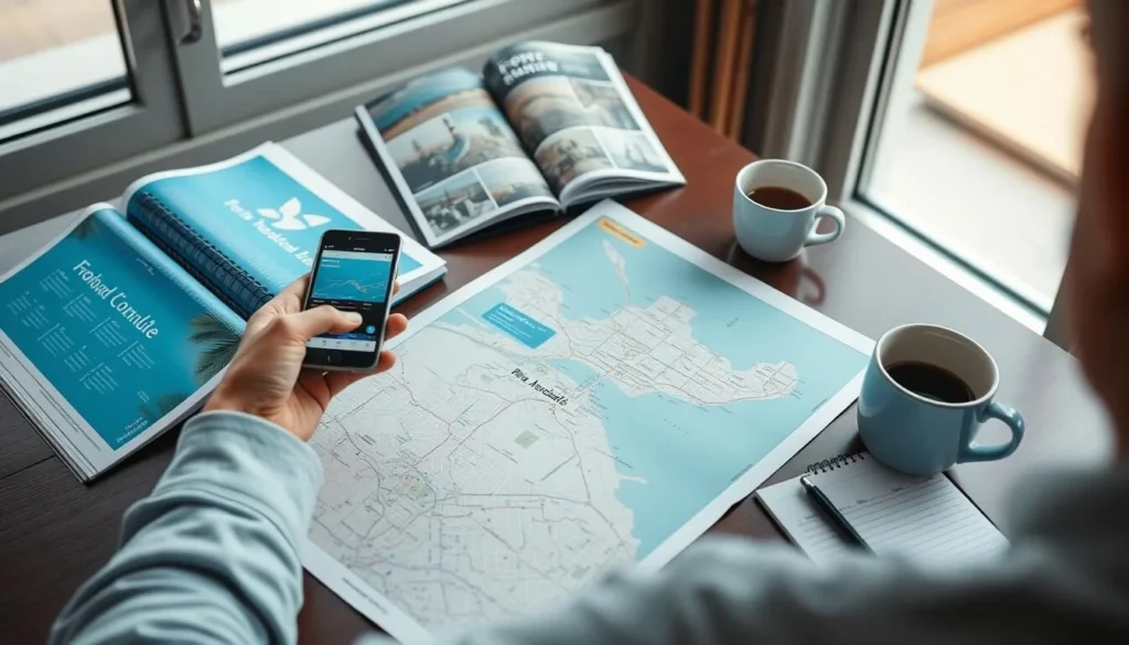 Tourist planning a trip to Broward County Florida with map and guidebook Tourist planning a trip to Broward County Florida with map and guidebook