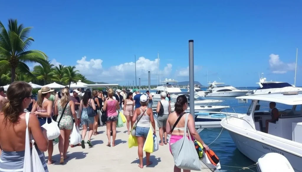 Tourist preparing for a day trip to Prickly Pear Island from Sandy Ground Pier, Anguilla Tourist preparing for a day trip to Prickly Pear Island from Sandy Ground Pier, Anguilla