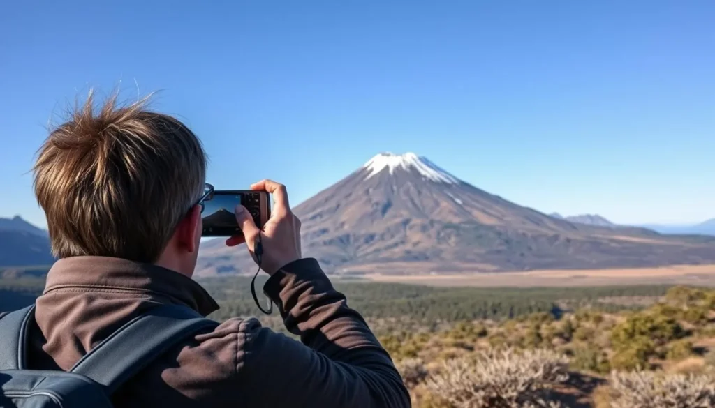 Tourist taking photo of Lanin Volcano from a scenic viewpoint