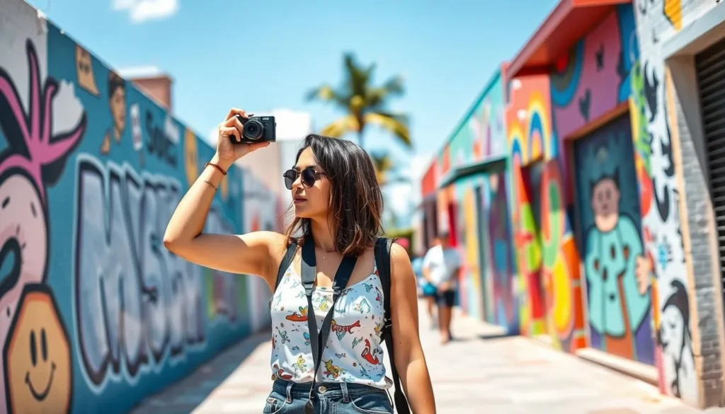 Tourist taking photos in Wynwood Walls art district in Miami Tourist taking photos in Wynwood Walls art district in Miami