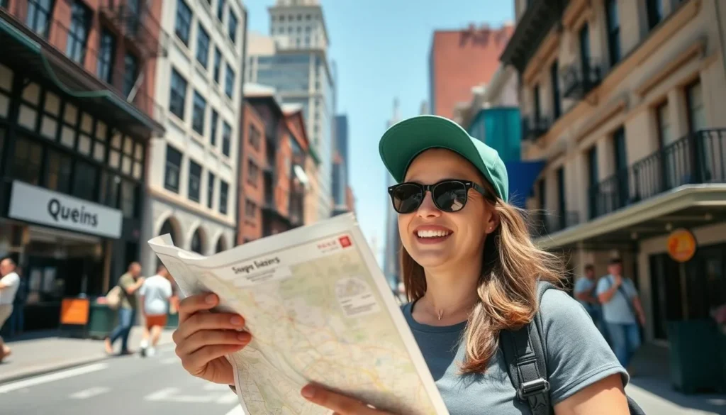 Tourist taking photos of Queens attractions with itinerary map in hand Tourist taking photos of Queens attractions with itinerary map in hand