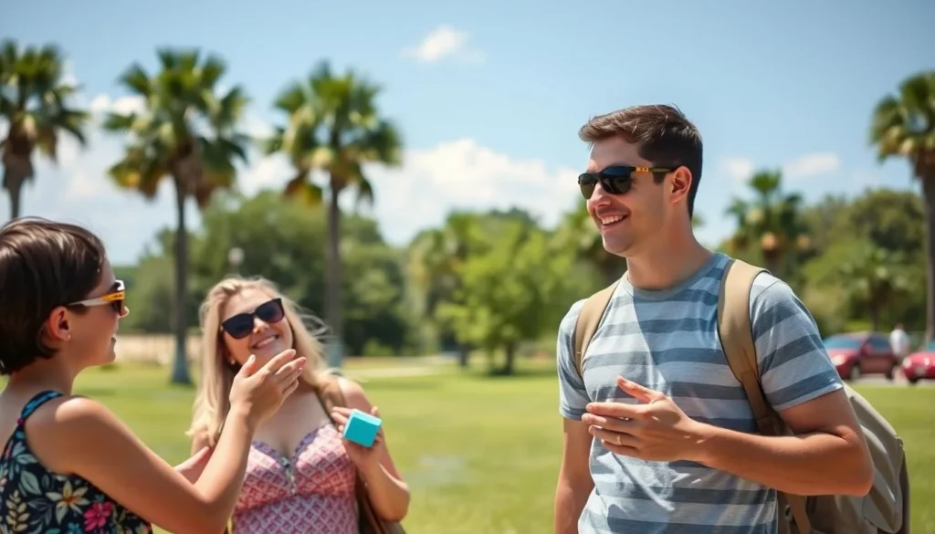 Tourists applying sunscreen at a park in Osceola County Florida Tourists applying sunscreen at a park in Osceola County Florida