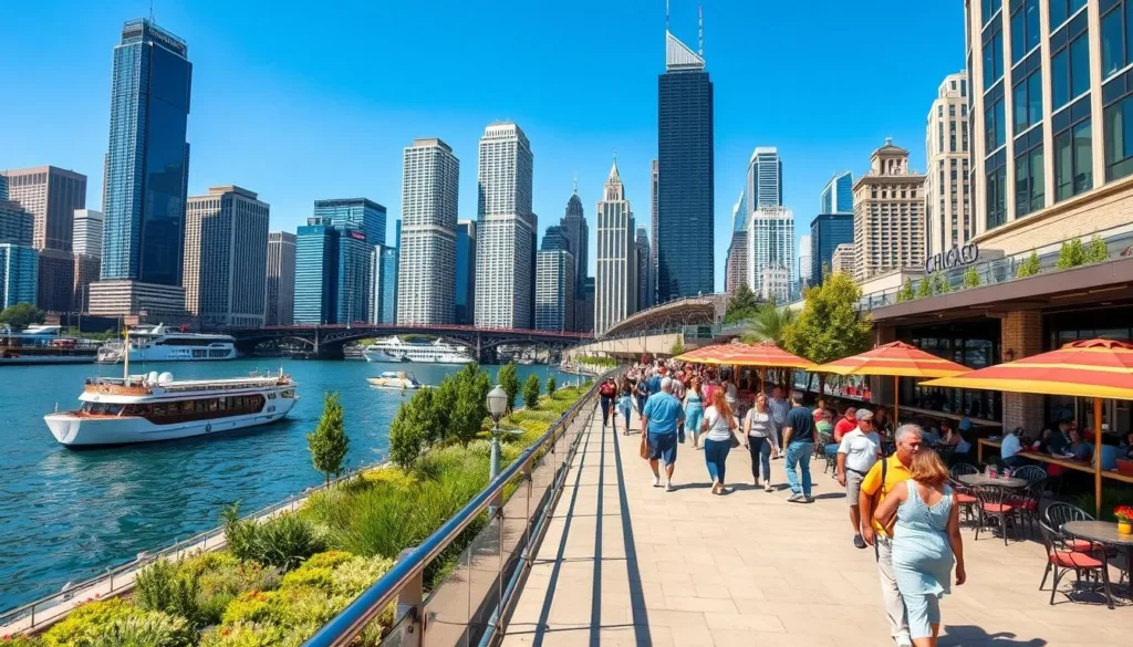 Tourists enjoying Chicago's Riverwalk with skyline views and outdoor dining Tourists enjoying Chicago's Riverwalk with skyline views and outdoor dining