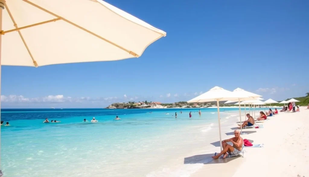 Tourists enjoying perfect weather on Prickly Pear Island beach in Anguilla Tourists enjoying perfect weather on Prickly Pear Island beach in Anguilla