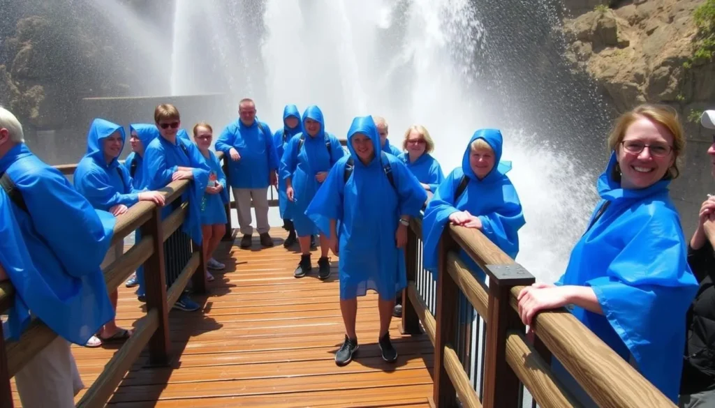 Tourists experiencing the Cave of the Winds attraction at Niagara Falls State Park in Niagara County, New York Tourists experiencing the Cave of the Winds attraction at Niagara Falls State Park in Niagara County, New York