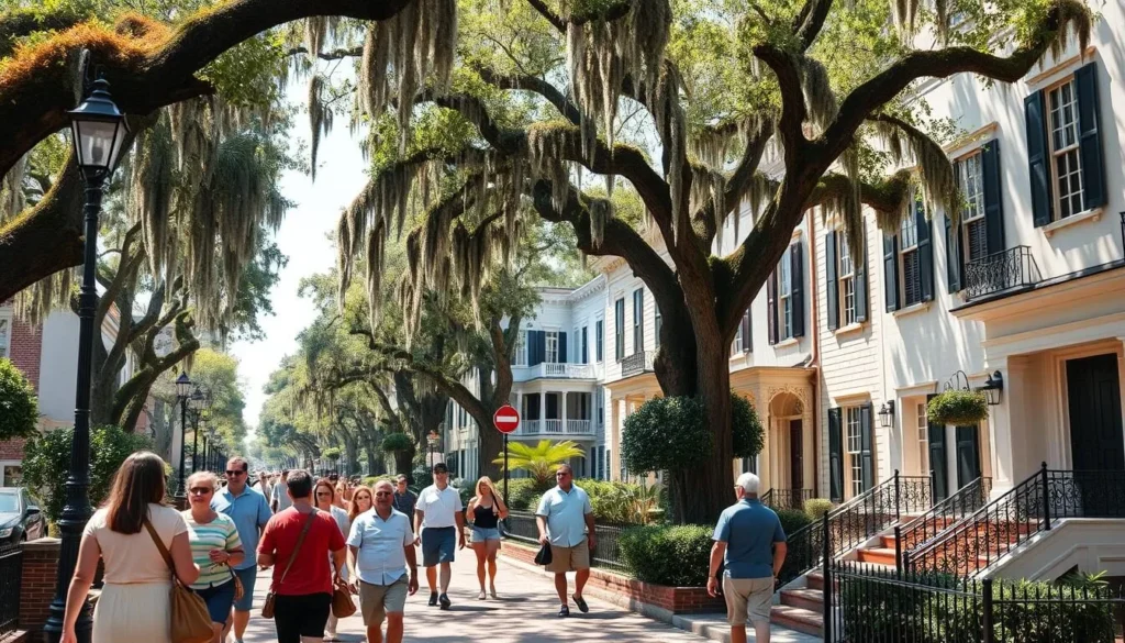 Tourists exploring Jones Street in Savannah with historic homes and oak trees