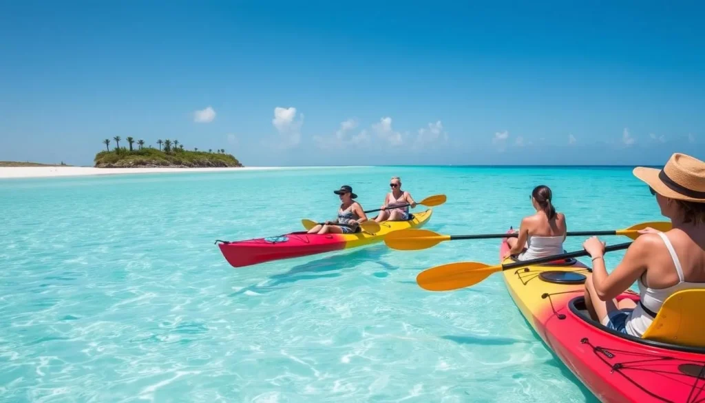 Tourists kayaking in clear waters around Prickly Pear Island, Anguilla Tourists kayaking in clear waters around Prickly Pear Island, Anguilla