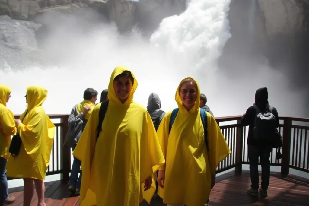 Tourists on the Hurricane Deck at Cave of the Winds getting soaked by Bridal Veil Falls Tourists on the Hurricane Deck at Cave of the Winds getting soaked by Bridal Veil Falls