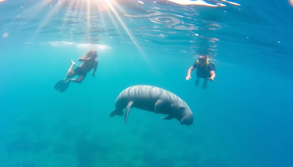 Tourists swimming with manatees in the crystal clear waters of Citrus County, Florida Tourists swimming with manatees in the crystal clear waters of Citrus County, Florida