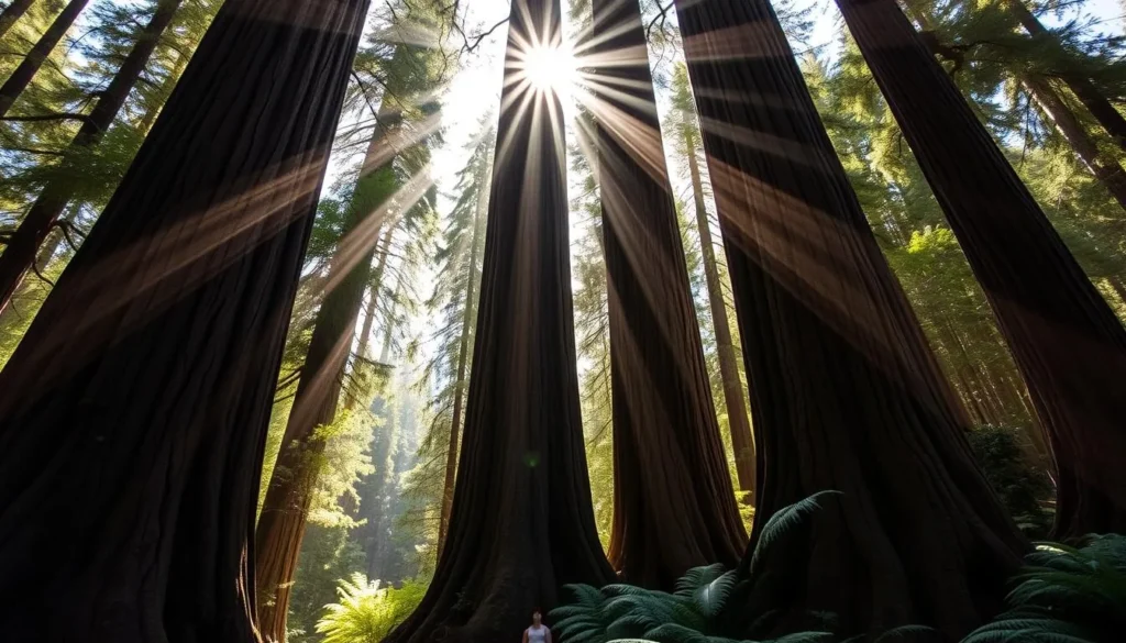 Towering ancient redwoods in Jedediah Smith Redwoods State Park with sunlight streaming through the canopy Towering ancient redwoods in Jedediah Smith Redwoods State Park with sunlight streaming through the canopy