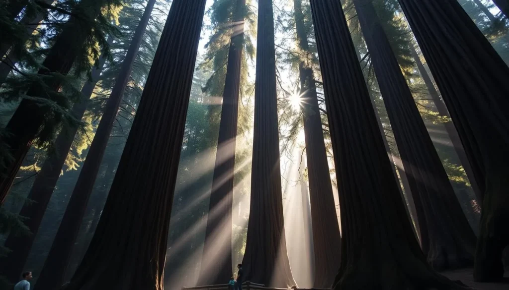 Towering ancient redwoods in Redwood National and State Parks with sunlight filtering through the canopy Towering ancient redwoods in Redwood National and State Parks with sunlight filtering through the canopy