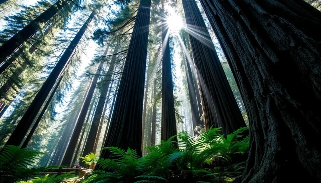 Towering redwoods in Hendy Woods State Park in Mendocino County California Towering redwoods in Hendy Woods State Park in Mendocino County California