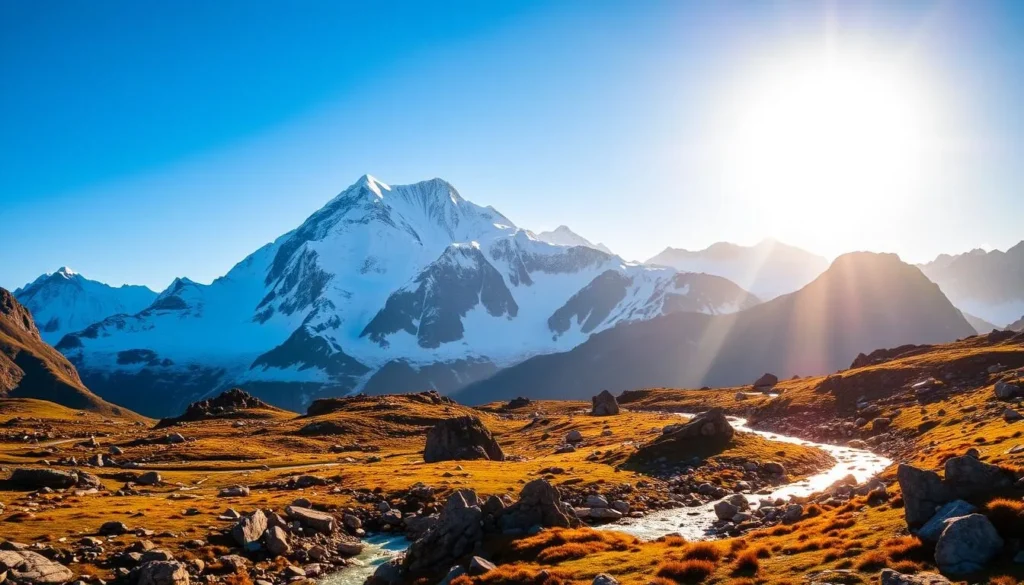 Towering snow-capped peaks of the Finsteraarhorn mountain range rise majestically against a vibrant azure sky, bathed in warm, golden sunlight. In the foreground, a rugged alpine landscape unfolds, dotted with jagged rocks and patches of hardy alpine vegetation. Shimmering glacial streams wind their way through the scene, reflecting the grandeur of the surrounding peaks. A sense of awe-inspiring, untamed wilderness permeates the image, inviting the viewer to embark on an exhilarating adventure amidst the breathtaking natural splendor of this iconic Swiss alpine destination.
