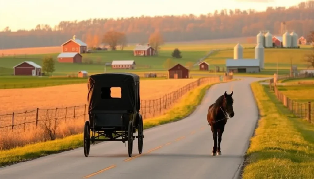 Traditional Amish buggy traveling along a rural road in Cattaraugus County with farmland and barns in the background Traditional Amish buggy traveling along a rural road in Cattaraugus County with farmland and barns in the background