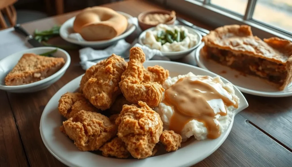 Traditional Amish meal with fried chicken, mashed potatoes and pie Traditional Amish meal with fried chicken, mashed potatoes and pie