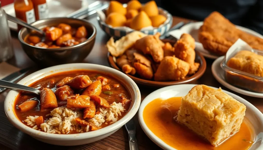 Traditional Cajun meal with gumbo, crawfish étouffée, and bread pudding Traditional Cajun meal with gumbo, crawfish étouffée, and bread pudding