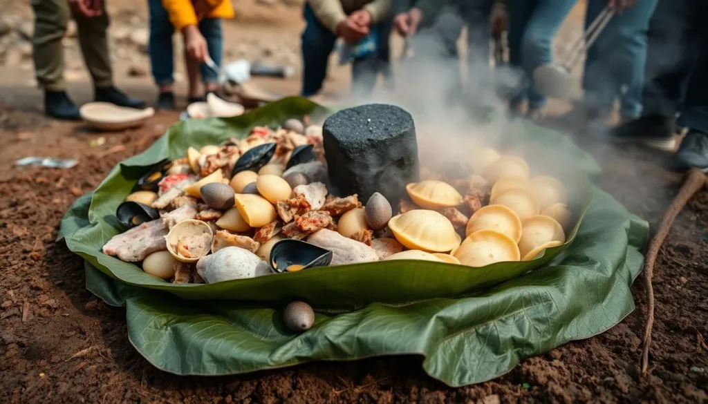 Traditional Chilean curanto dish being prepared with seafood, meat, and vegetables Traditional Chilean curanto dish being prepared with seafood, meat, and vegetables