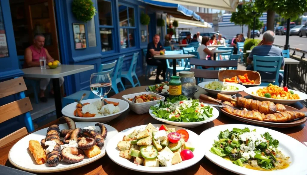 Traditional Greek dishes at an outdoor restaurant in Astoria, Queens Traditional Greek dishes at an outdoor restaurant in Astoria, Queens